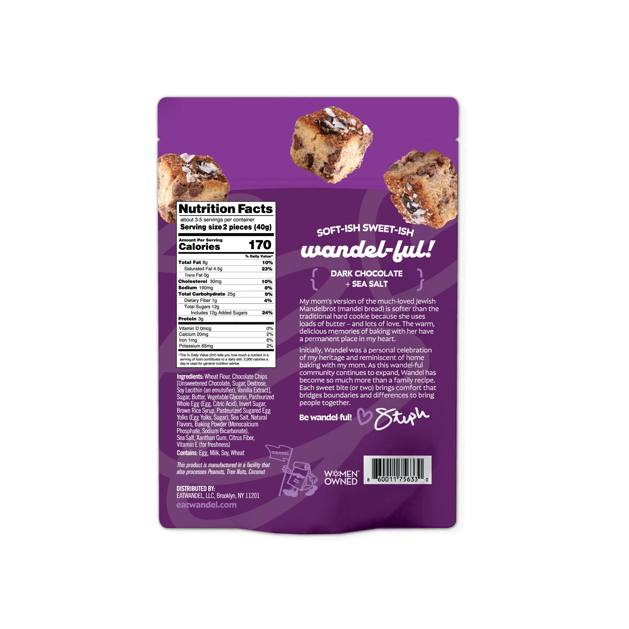 Backside of Dark Chocolate Chip + Sea Salt 5 oz bites bag