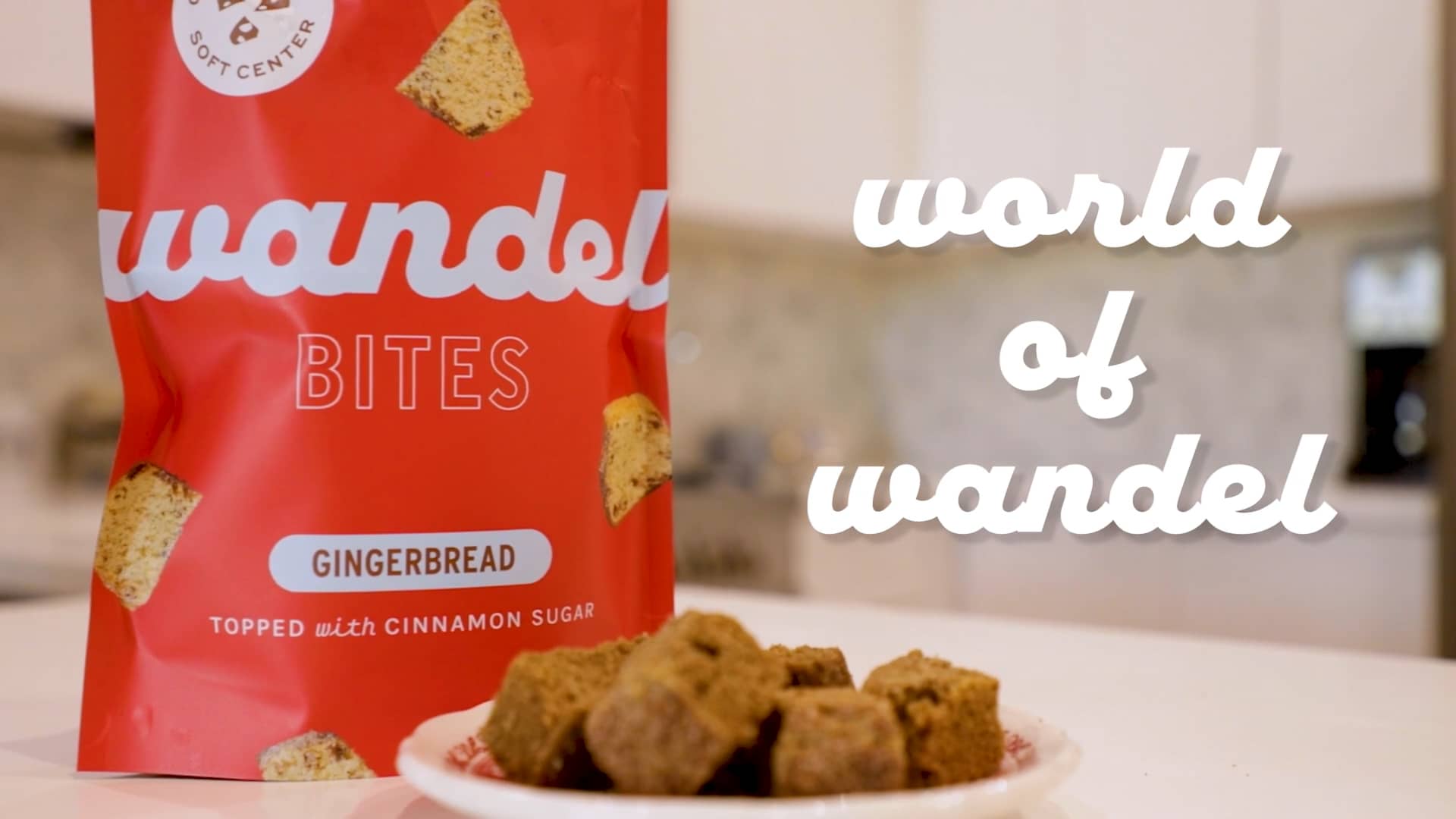 Bag of Wandel Gingerbread cookie bites and a plate of cookie bites in a white kitchen