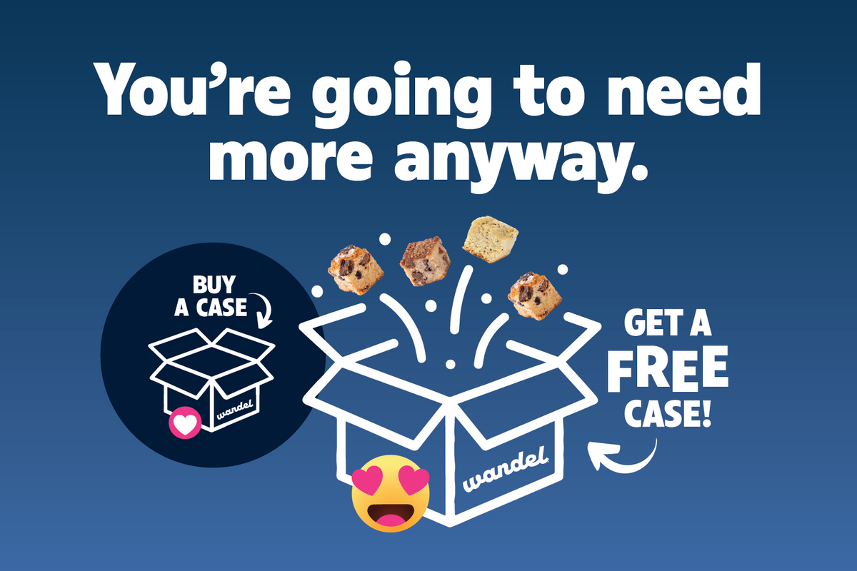 You're going to need more anyway! Buy a case of 6 bags of Wandel, get a case through Aug 8. An outlined box has different  wandel pieces popping out in excitement for this BOGO deal.